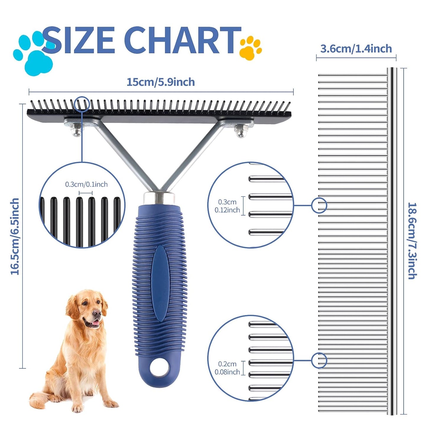 Undercoat Rake for Dogs, Long Tooth Grooming Rake + Stainless Steel Shedding Comb, Deshedding Brushes for Large Pet Horse Longhair Cat, German Shepherd Husky Brush
