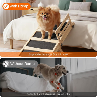 HOOBRO Dog Ramp for Bed, 15.7" Width Folding Pet Ramp with Guardrail and Non-Slip Mat, Dog Ramp for Couch, 4-Level Adjustable from 9.8" to 18.9", for Small Dogs, Natural and Black NB48PT03