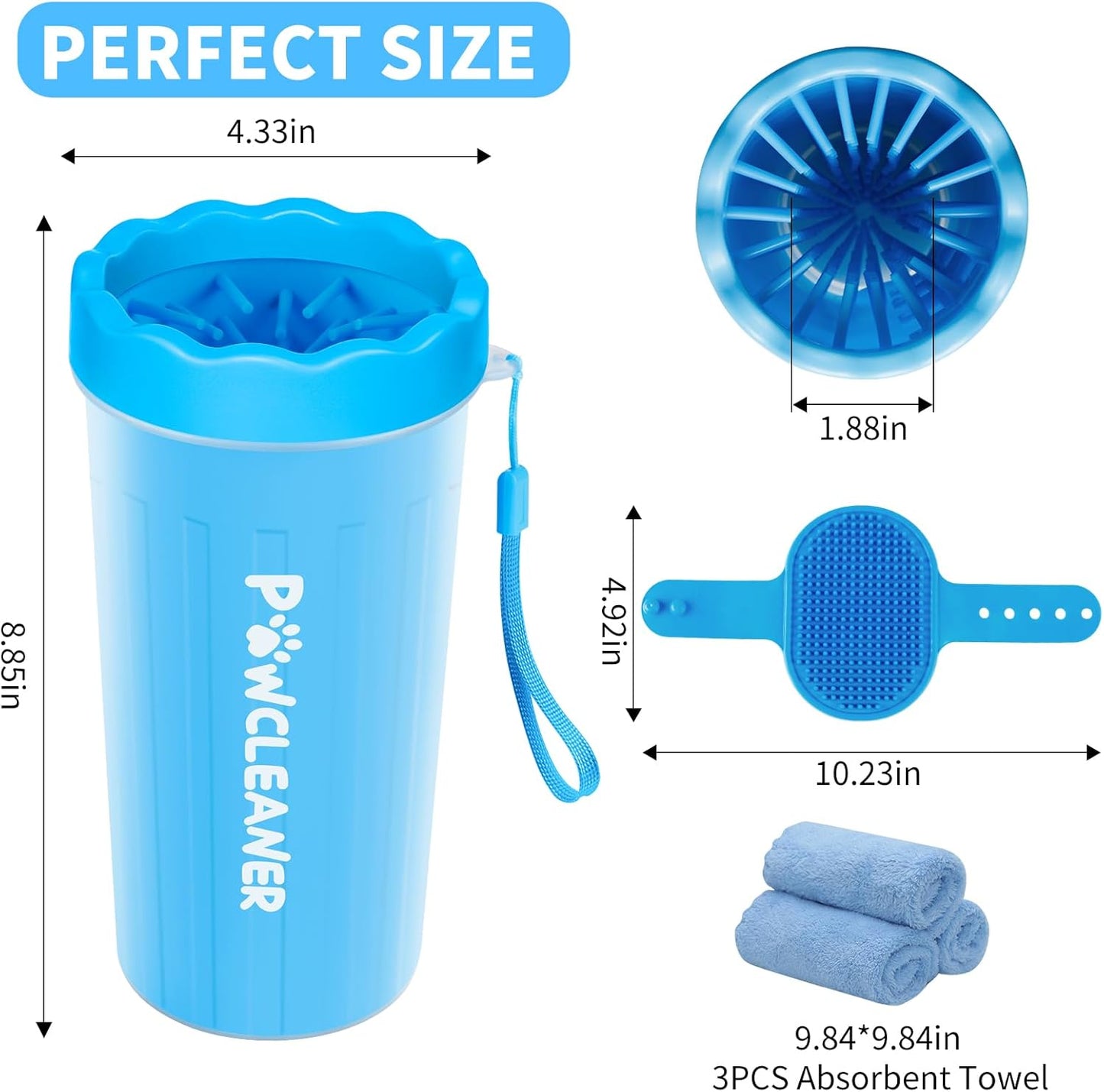 Professional 7 in 1 Dog Paw Cleaner for Dogs & Cats - Includes 1 Portable Paw Washer, 1 Bath Brush, 2 Dog Toothbrushes and 3 Absorbent Towels Note: Fits Paws up to 2 Inches Wide (Small, Blue)