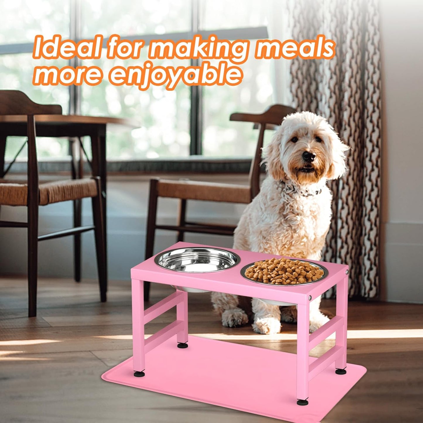 ADENGL Metal Raised Dog Bowl, 10" Tall Elevate Dog Feeder Stand with 2 Stainless Steel 42oz Bowls & 16x24 Non-Slip Mat – Stronger Dogs Food & Water Bowl Stand (Black)