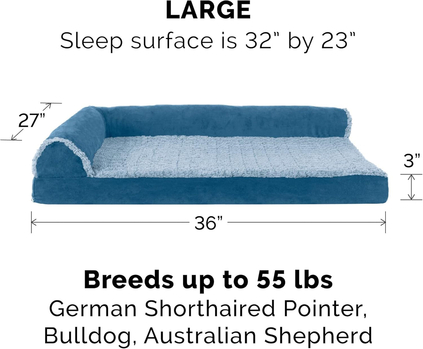 Furhaven Memory Foam Dog Bed for Large Dogs w/ Removable Bolsters & Washable Cover, For Dogs Up to 95 lbs - Two-Tone Plush Faux Fur & Suede L Shaped Chaise - Espresso, Jumbo/XL