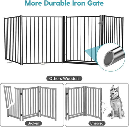 No Pawblems Free Standing Dog Gate with Door, 30'' Tall Foldable Dog Fence for Indoor & Outdoor, Up to 78 Inch Extra Wide Puppy Gate for Stairs, Hallways, Doorways, Deck, Yard (Black, 3 Panels)