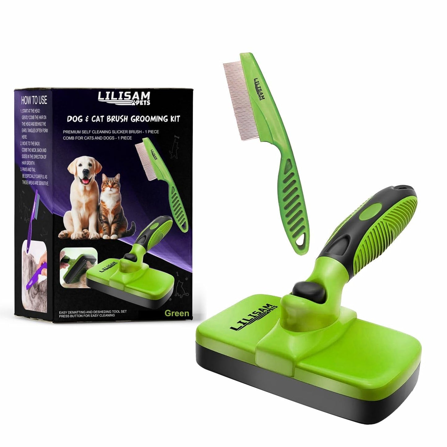 Pet Self Cleaning Slicker Brush and Grooming Comb - Gently Removes Loose Hair, Tangles, and Dirt - Skin Friendly Deshedding Grooming Tool for Hair Dogs & Cats - Pet Supplies Accessories (Purple)