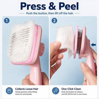 Self-Cleaning Cat Shedding Grooming Brush for Small Dog Pet Short Hair Remover Set Reusable Lint Removal Tool Carpet Scraper for Clothes Couch Bedding Furniture Car Pink