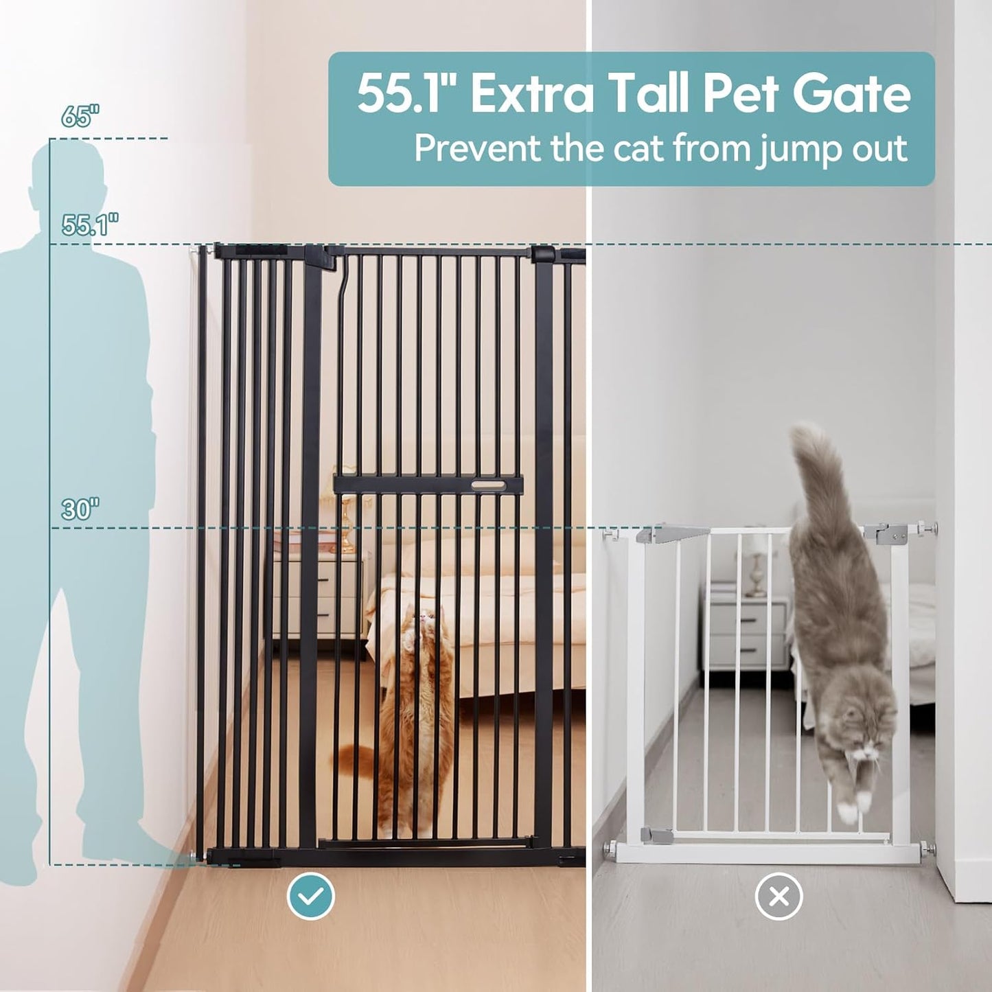 No Pawblems 55" Extra Tall Pet Gate for Cat/Dog, 29-40" Wide Auto Close Tall Dog Gate for Doorways/Hallways, 1.37" Ultra Narrow Spacing, NO Drilling Pressure Mounted, Black