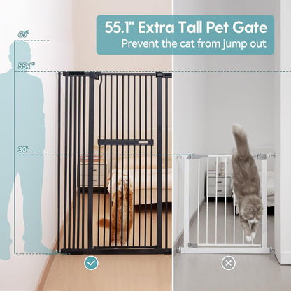 No Pawblems 55" Extra Tall Pet Gate for Cat/Dog, 29-40" Wide Auto Close Tall Dog Gate for Doorways/Hallways, 1.37" Ultra Narrow Spacing, NO Drilling Pressure Mounted, Black