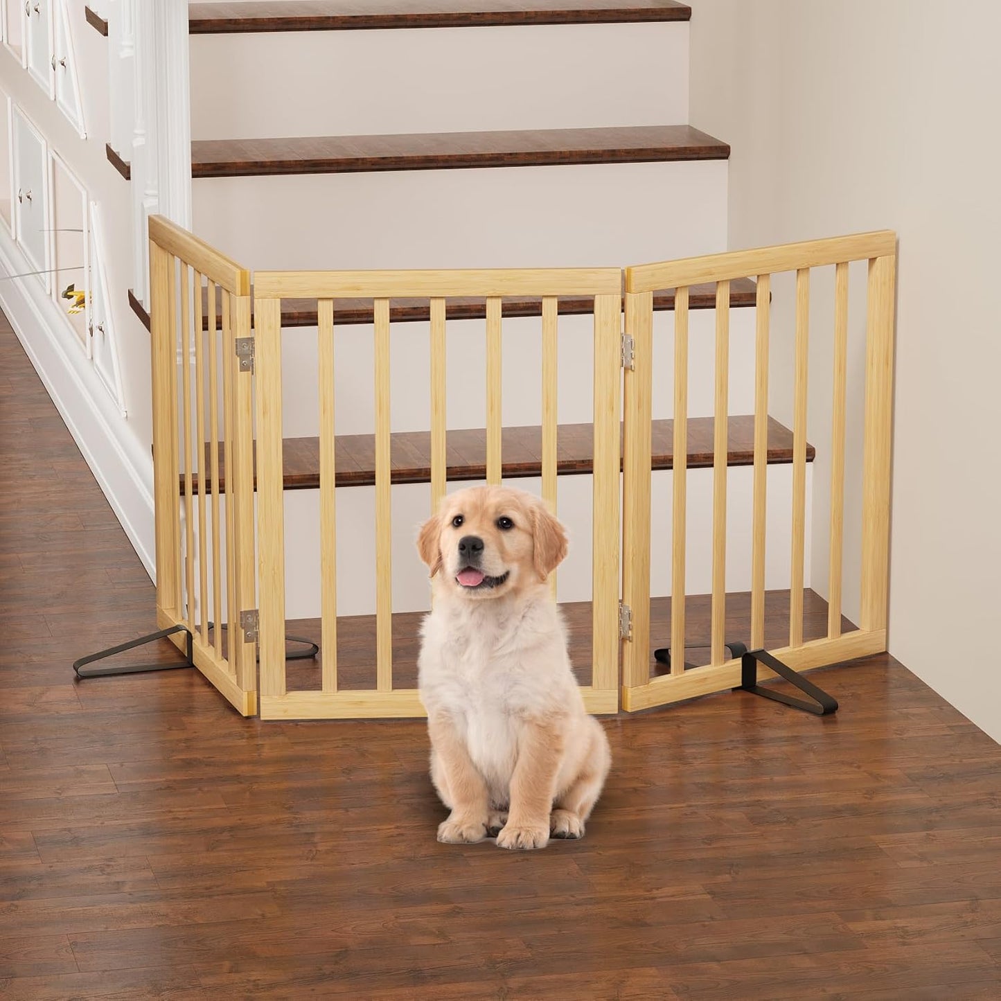 Freestanding Foldable Dog Gate - 4 Panel Room Divider with Metal Support Feet (Black)