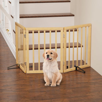 Freestanding Foldable Dog Gate - 4 Panel Room Divider with Metal Support Feet (Black)