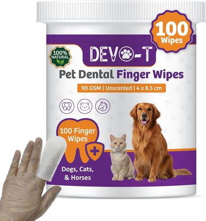 DEVO-T 100% Natural Dog Teeth Cleaning Wipes Unscented | 50 Count | Pet Teeth Cleaning Finger Wipes for Dogs, Cats & Horses | Remove Bad Breath, Plaque & Tartar Buildup | Dog Dental Wipes Finger