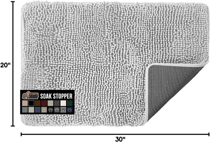 GORILLA GRIP SoakSTOPPER Dog Door Mat, 30x20 Machine Washable Rug Absorbent Doormat Captures Moisture Mud Dirt, Quick Dry Soft Chenille Entryway Rugs Indoor Entrance Mats for Dog Paws, Paw Grey