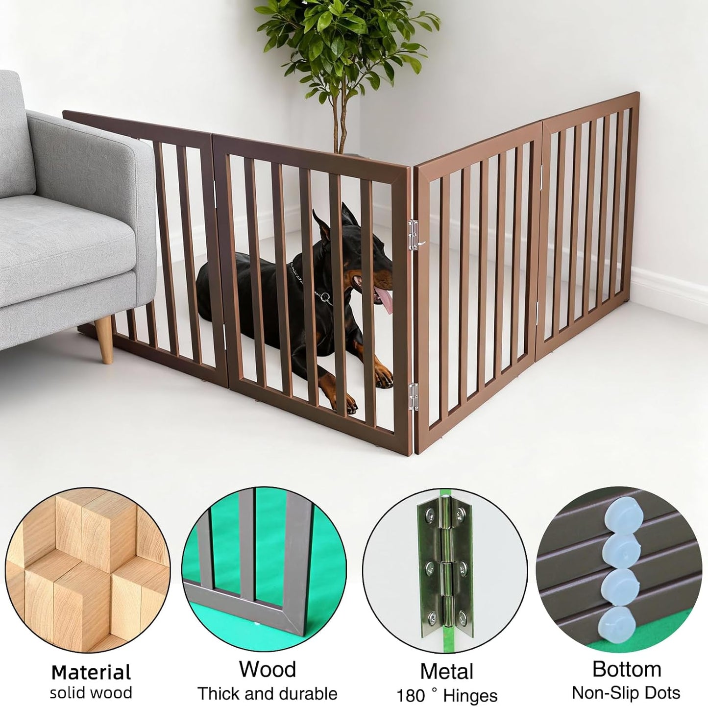 ZJSF Freestanding Indoor Dog Gate for House Foldable Wood Brown Puppy Gate for Doorways Pet Gate for Stairs Extra Wide Pet Fence 24" Height 2 Panels