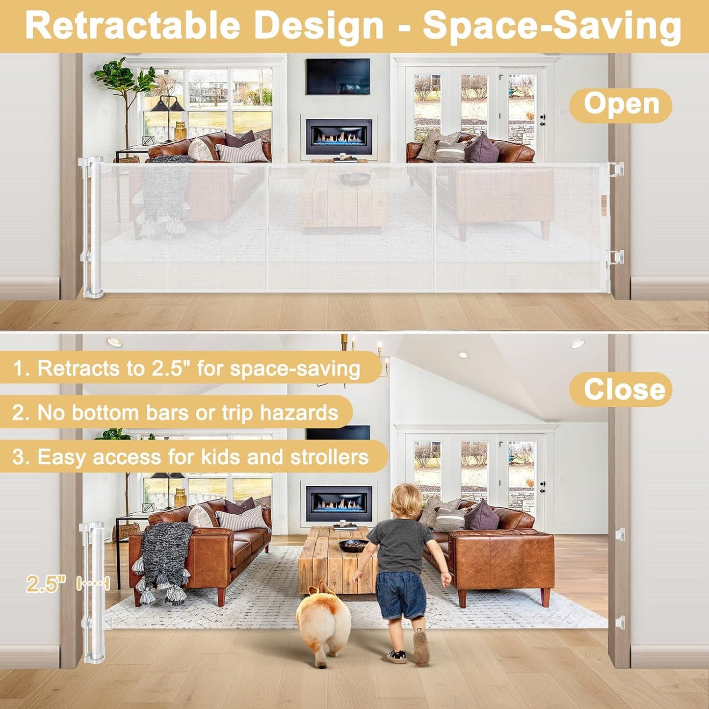Reinforced 28 Inch Tall Retractable Baby Gates for Dogs, Easy Step Over Pet Gate with Support Rods, 55" Wide Retractable Dog Gate, Puppy Gates for The House Short Dog Gate for Stairs, Doorways, White