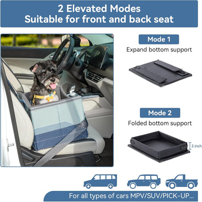 A 4 Pet Dog Car Seats for Small Dogs Under 25lbs – Safety Travel Booster Seat with Patent Buckles, Adjustable Leash – Reduces Anxiety & Road Trips – Frame Support for Cars, SUV, Pickup