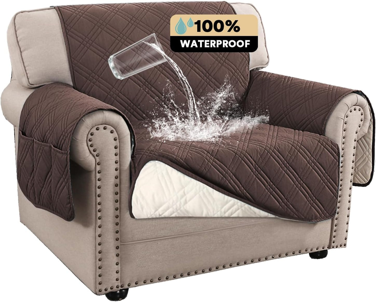 PrinceDeco 100% Waterproof Couch Cover for 3 Cushion Couch Sofa Pet Friendly Non-Slip Couch Cover for Dogs Washable Water Resistant Furniture Protector with Elastic Straps(Sofa 68", French Oak)