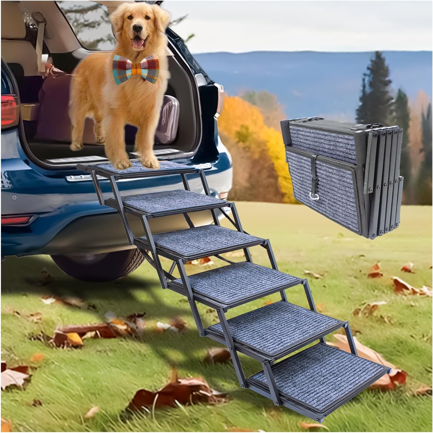 Dog Ramp for Car Truck and SUV Dog Stairs for Large Dogs Folding Pet Stairs with Non-Slip Rug Surface Supports Up to 250 lbs (5 Steps)