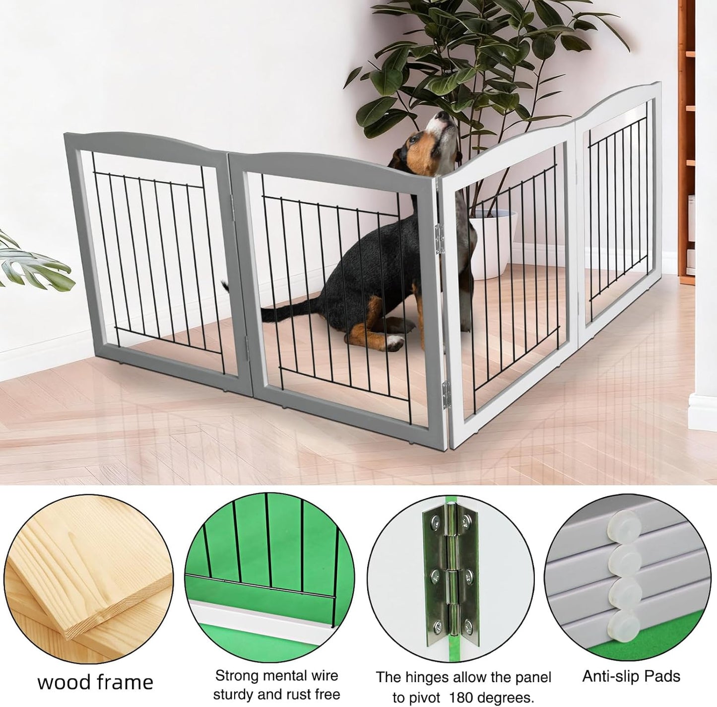ZJSF Freestanding Foldable Dog Gate for House Extra Wide Wooden White Indoor Puppy Gate Stairs Doorways Pet Gate Tall Dog Fence 3 Panels Fence