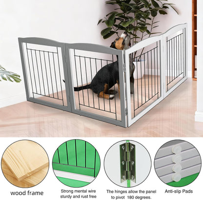 ZJSF Freestanding Foldable Dog Gate for House Extra Wide Wooden White Indoor Puppy Gate Stairs Doorways Pet Gate Tall Dog Fence 3 Panels Fence