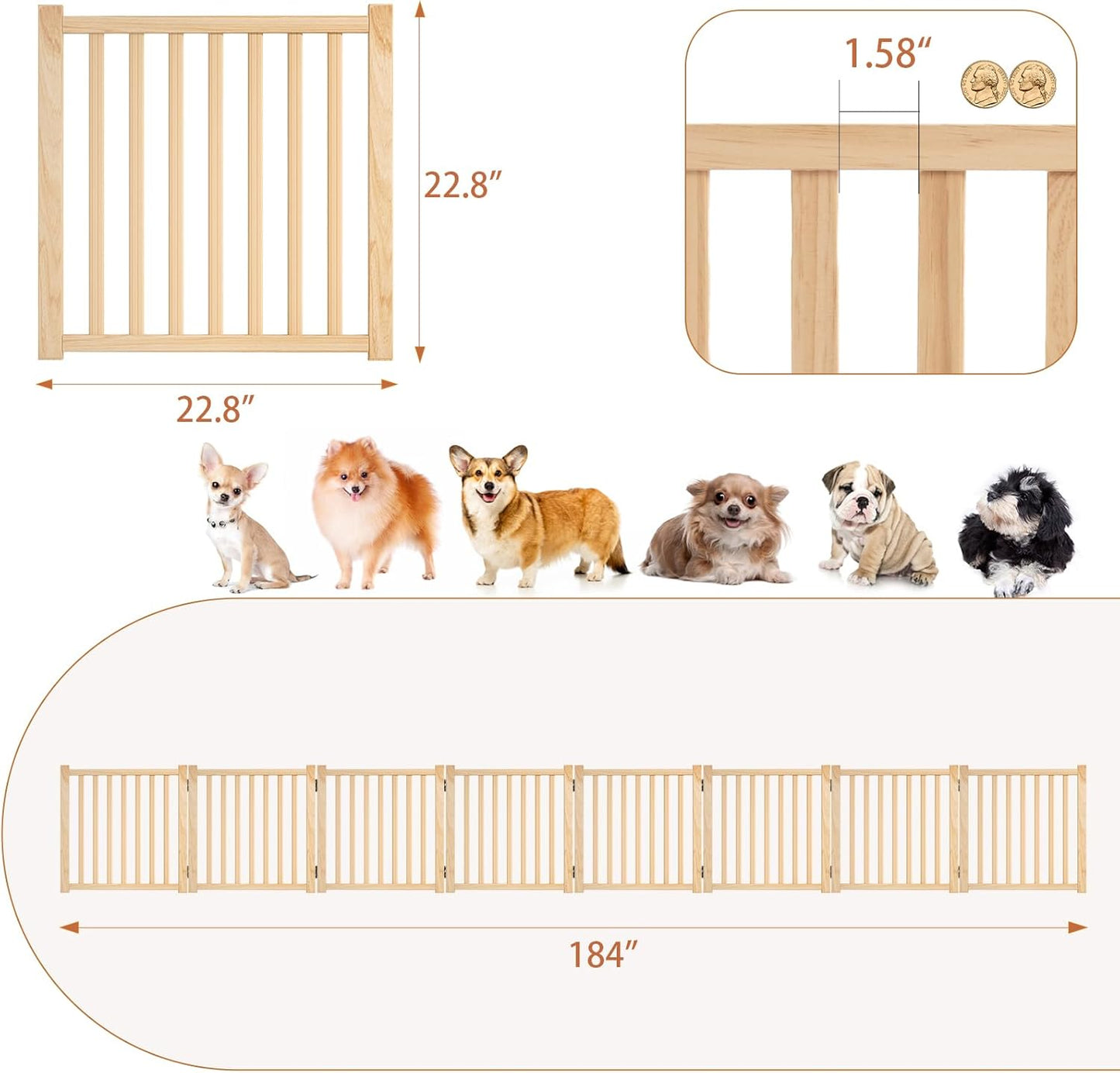 YOCAN Non-Painted Wood FreeStanding Pet Gate for Dogs,Wooden Dog Gates for Doorways, Stairs,The House, Dog Fences Indoor Puppy Gate-2 Panel H:23”