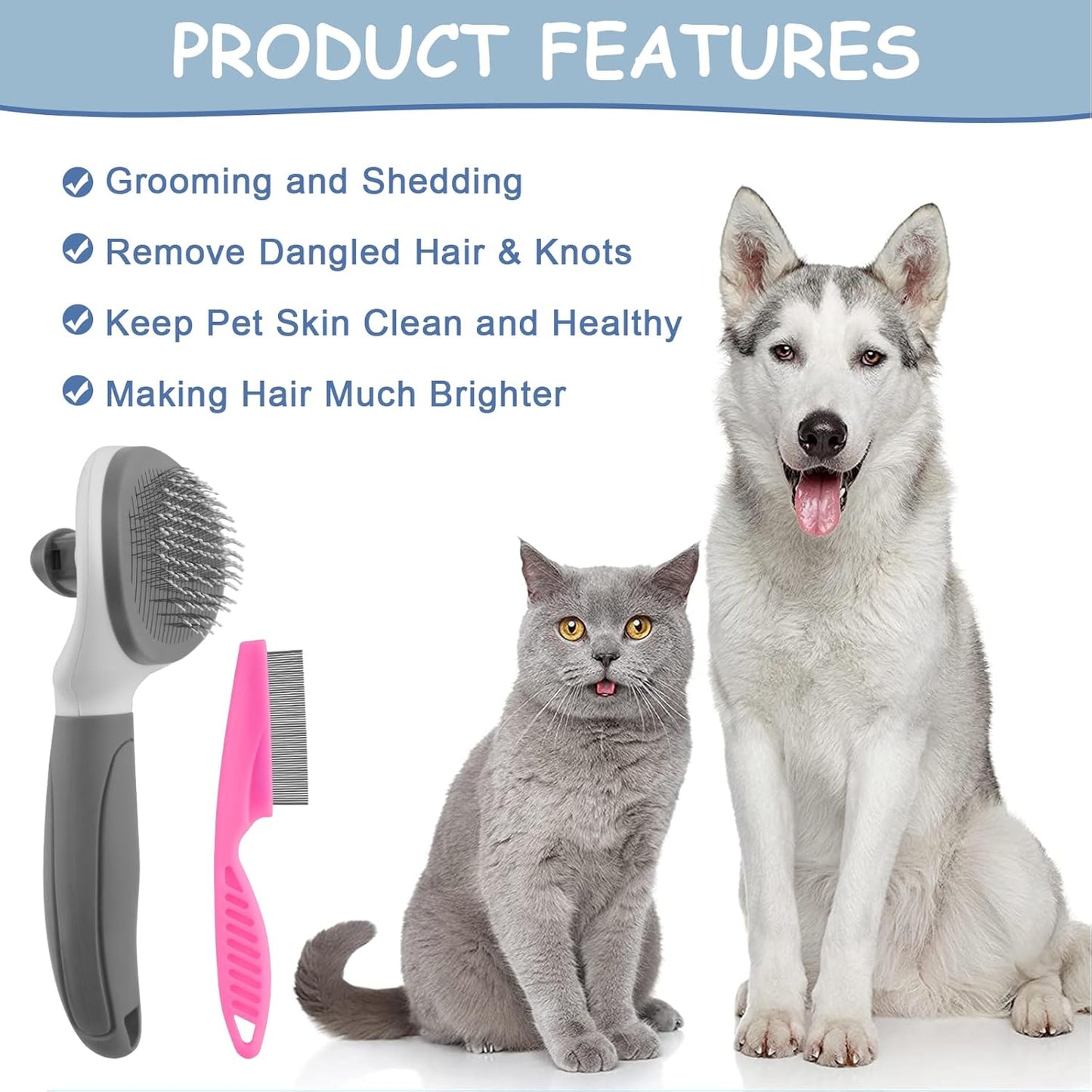Cat Brushes for Indoor Cats, Dog Brush for Shedding with Metal Cat Comb, Self Cleaning Pet Hair Brush with Release Button for Grooming Kitten(Pink)