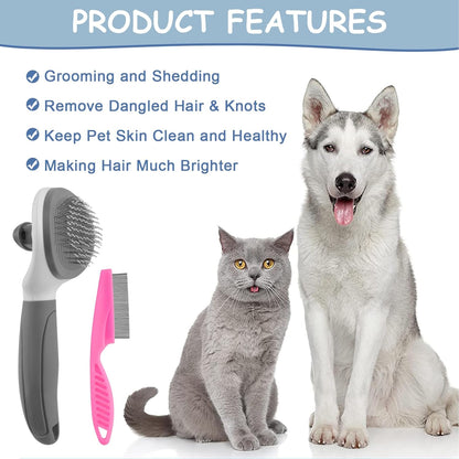 Cat Brushes for Indoor Cats, Dog Brush for Shedding with Metal Cat Comb, Self Cleaning Pet Hair Brush with Release Button for Grooming Kitten(Pink)