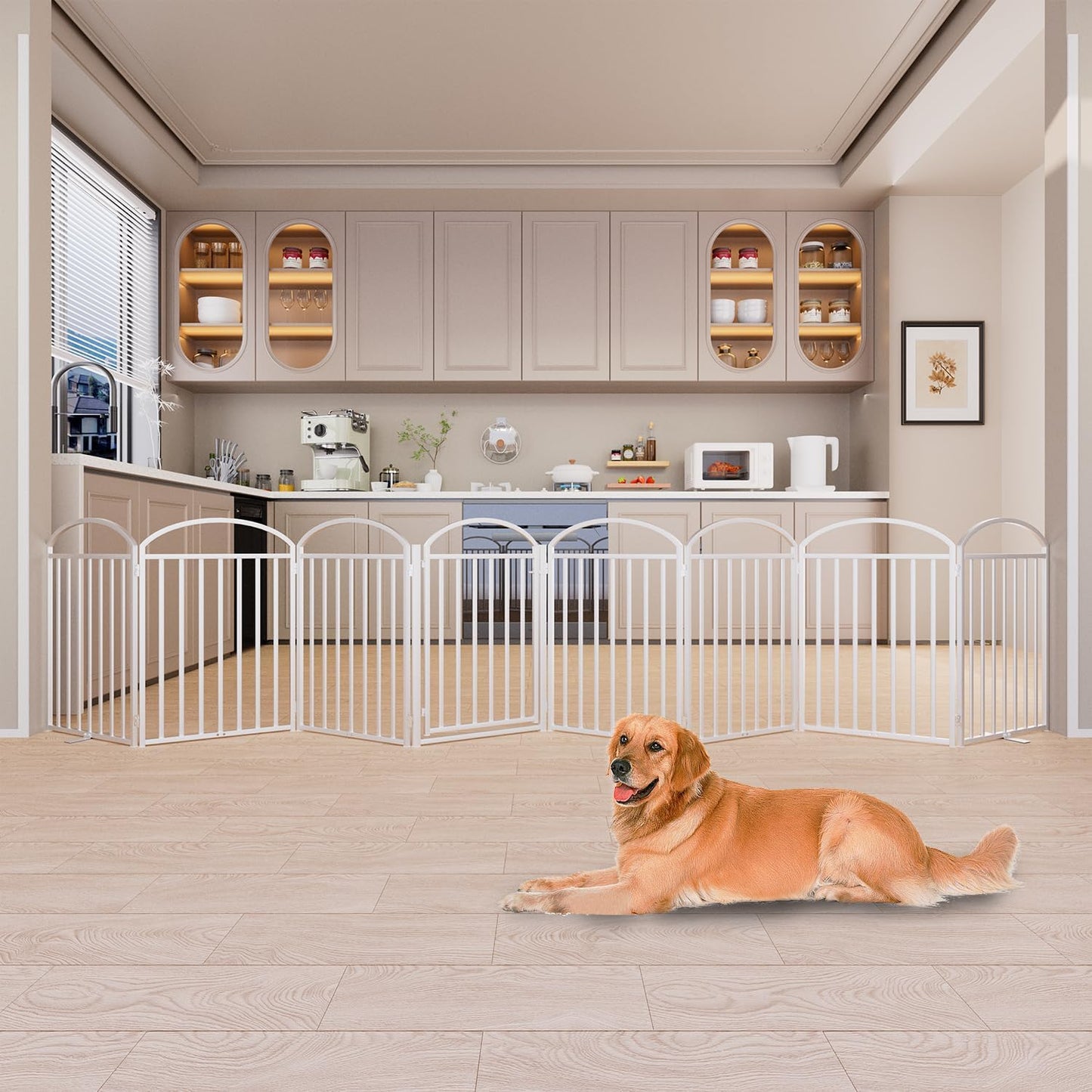 SNUOWU 4 Panels Full Matel Freestanding Dog Gates with Door, 96"Extra Wide 32"Tall Free Standing Dog Pet Gate for Indoor & Outdoor. Foldable Pet Fences for Doorways, House, Stairs, Porch, Deck, Yard
