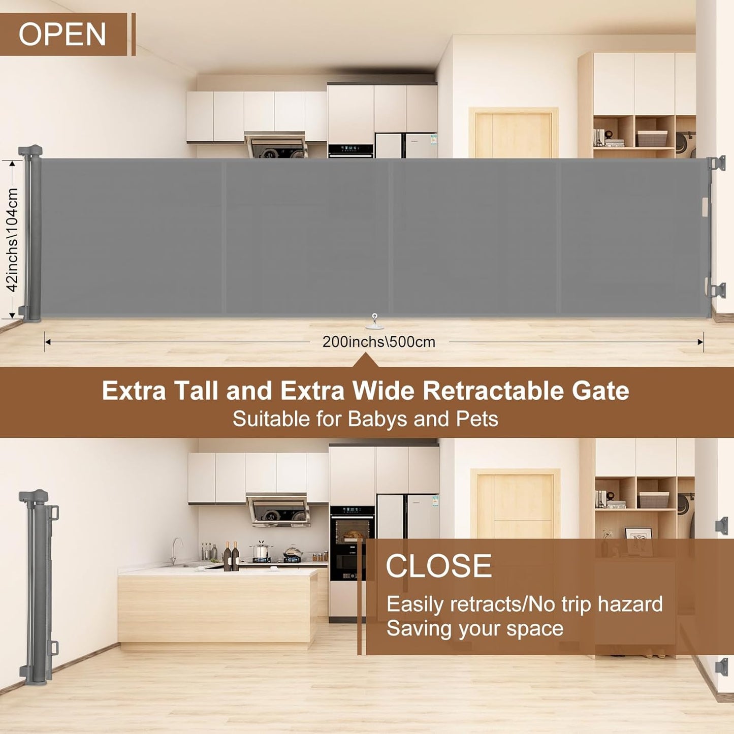 Miumoon 150 inch Retractable Baby Gates 42 inch Tall, Retractable Gate with Reinforced Strip Design to Prevent Crawling Through, 12 FT Extra Wide Retractable Dog Gate for Indoor/Outdoor