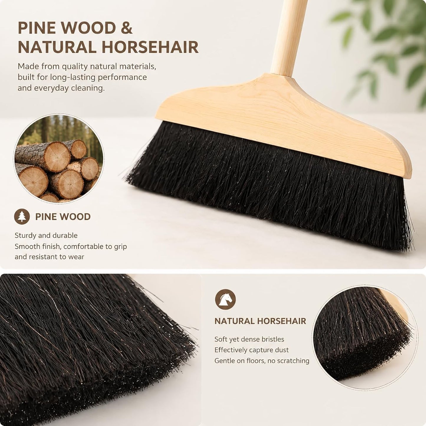 Mikikit Horsehair Broom with Long Handle Soft Bristle Sweeper Wooden Broom Indoor for Hardwood Floors Carpets Home Kitchen Office Pet Hair Cleaning