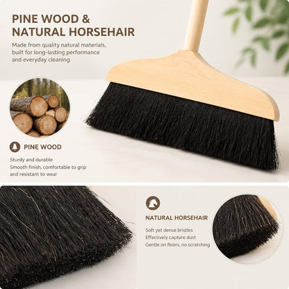 Mikikit Horsehair Broom with Long Handle Soft Bristle Sweeper Wooden Broom Indoor for Hardwood Floors Carpets Home Kitchen Office Pet Hair Cleaning