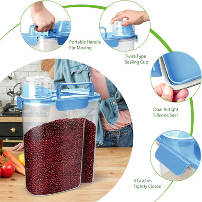 Viretec Rice Airtight Storage Container, 3 to 5Lbs Cereal Dry Food Flour Bin, Pet Dog Cat Food Dispenser with Measuring Cup, BPA Free Clear Plastic Kitchen and Pantry Organization Bin for Sugar
