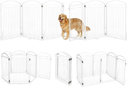 Full Metal Free Standing Dog Gate with Door for Indoor & Outdoor,96'' Extra Wide 32'' Tall Dog Gate for The Doorways,Large Openings,Decks,Porch,Pet Freestanding Safety Fence(4 Panels,Black)
