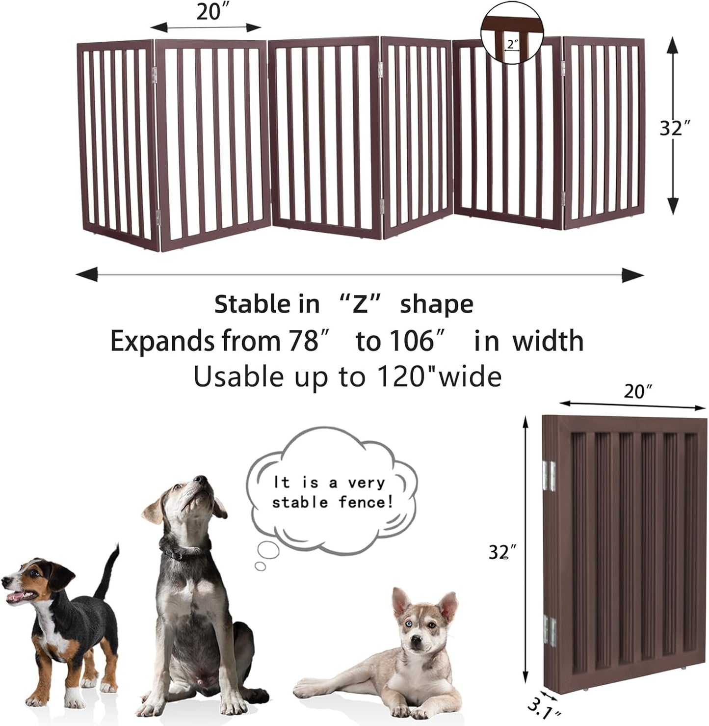 ZJSF Freestanding Indoor Dog Gate for House Foldable Wood Brown Puppy Gate for Doorways Pet Gate for Stairs Extra Wide Pet Fence 24" Height 2 Panels