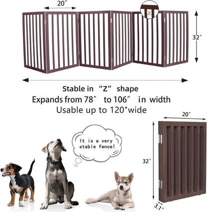 ZJSF Freestanding Indoor Dog Gate for House Foldable Wood Brown Puppy Gate for Doorways Pet Gate for Stairs Extra Wide Pet Fence 24" Height 2 Panels