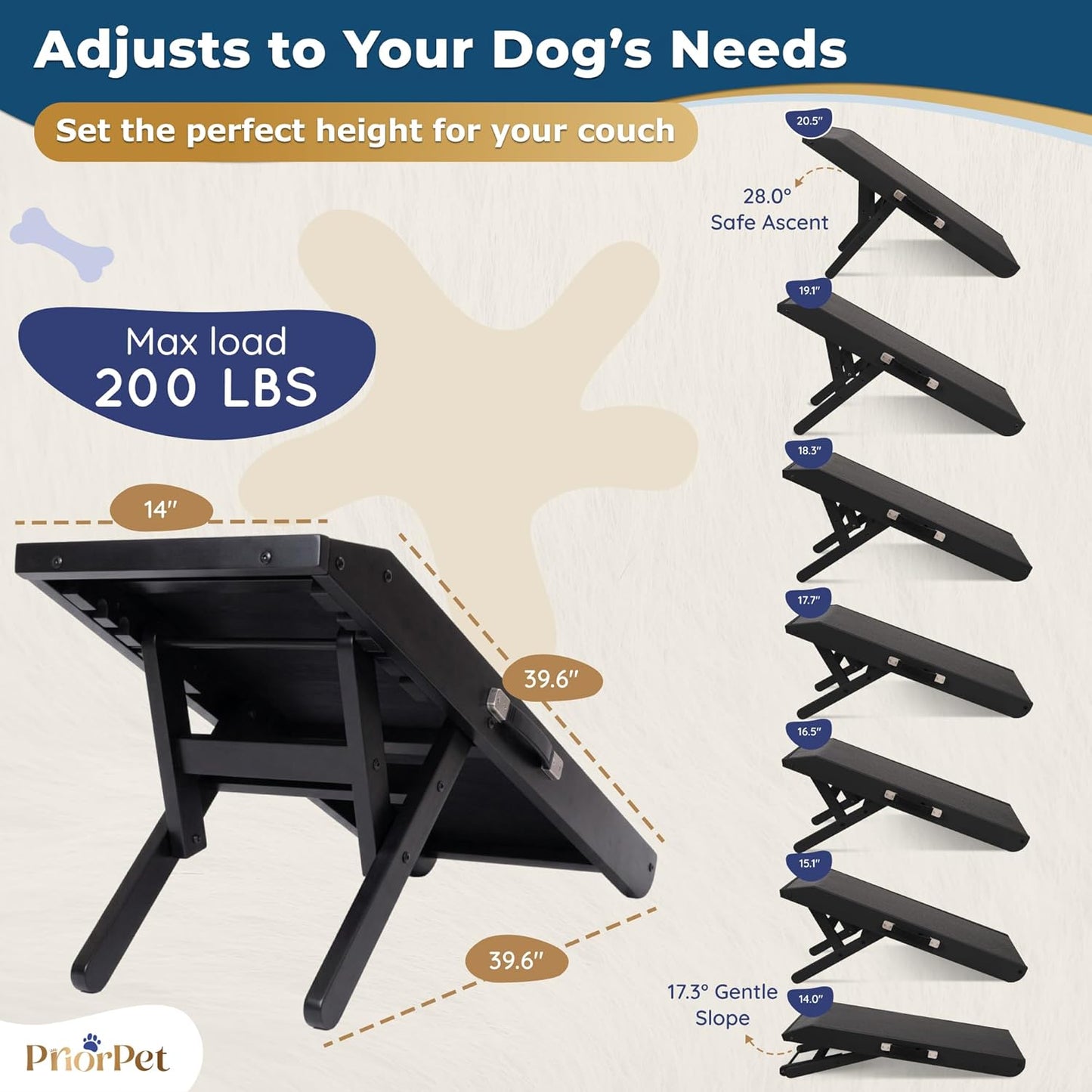 Dog Ramp for Couch – Non-Slip, Sturdy Build Foldable Wooden Dog Ramp – Supports up to 200 lbs – 7 Adjustable Heights (14"–20.5") – Enhanced Stability – Birchwood Pet Ramp for Small Dogs – Gray