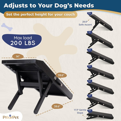 Dog Ramp for Couch – Non-Slip, Sturdy Build Foldable Wooden Dog Ramp – Supports up to 200 lbs – 7 Adjustable Heights (14"–20.5") – Enhanced Stability – Birchwood Pet Ramp for Small Dogs – Gray