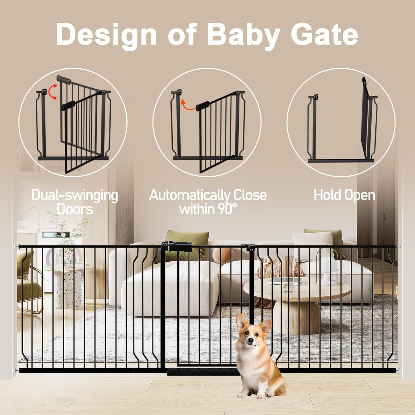 WAOWAO Baby Gate 71.65-85.03" Extra Wide Pressure Mounted Walk Through Swing Auto Close Safety Metal Black Toddler Kids Child Dog Pet Puppy for Stairs,Doorways,Kitchen