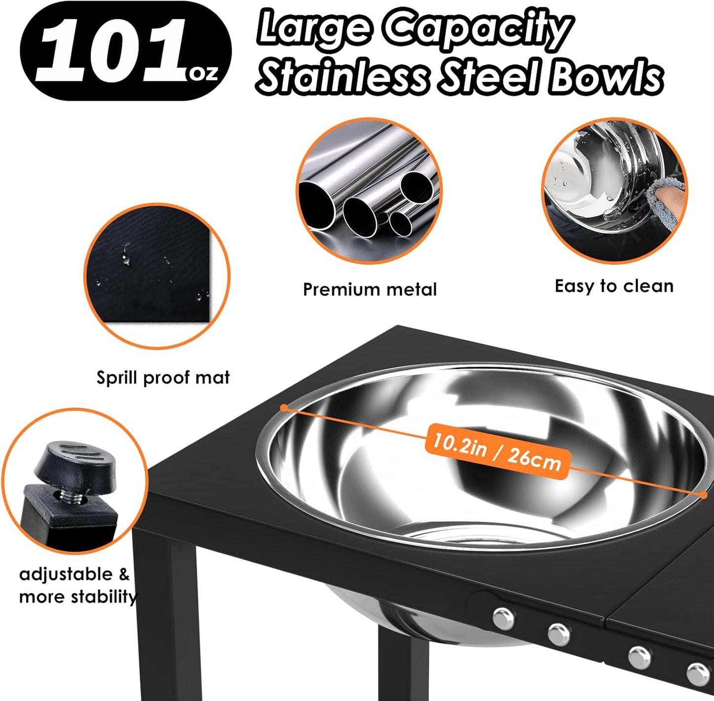ADENGL Metal Raised Dog Bowl, 10" Tall Elevate Dog Feeder Stand with 2 Stainless Steel 42oz Bowls & 16x24 Non-Slip Mat – Stronger Dogs Food & Water Bowl Stand (Black)