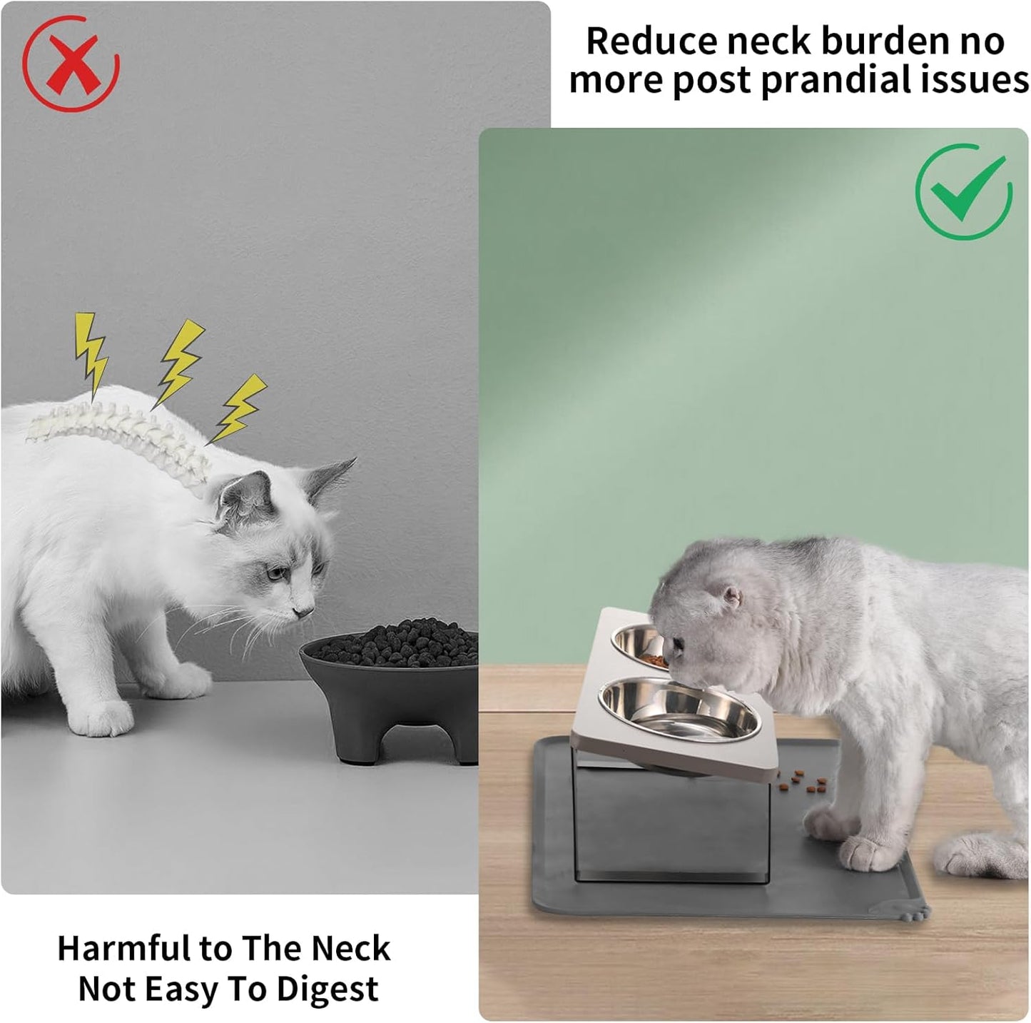 Upgraded Elevated Cat Bowls with Food Mat,15°Tilted Stand Anti Vomiting Raised Cat Dishes for Food and Water,2 Stainless Steel Bowls for Cats and Puppy