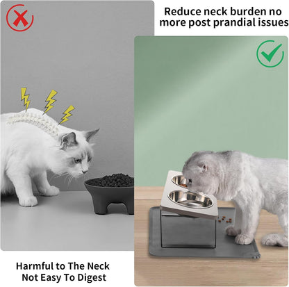 Upgraded Elevated Cat Bowls with Food Mat,15°Tilted Stand Anti Vomiting Raised Cat Dishes for Food and Water,2 Stainless Steel Bowls for Cats and Puppy