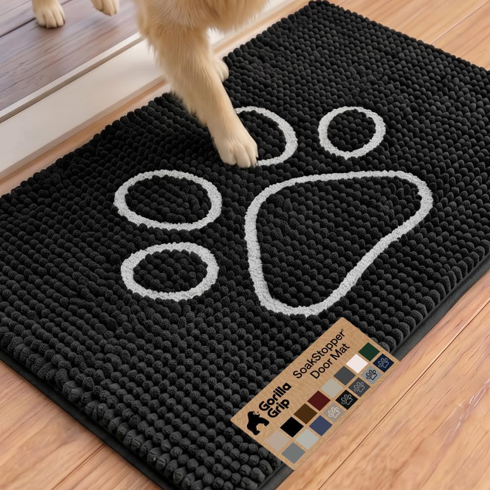 GORILLA GRIP SoakSTOPPER Dog Door Mat, 30x20 Machine Washable Rug Absorbent Doormat Captures Moisture Mud Dirt, Quick Dry Soft Chenille Entryway Rugs Indoor Entrance Mats for Dog Paws, Paw Grey