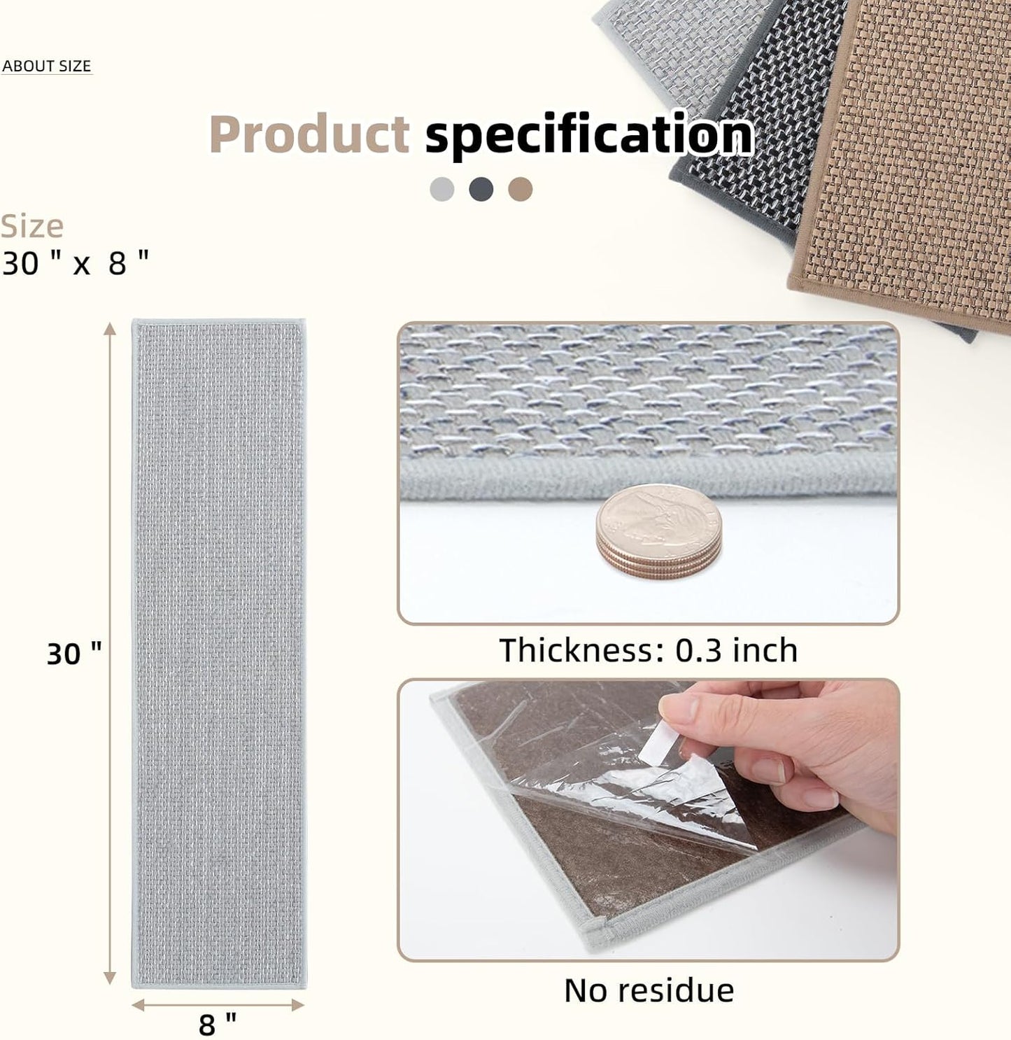 Art3d Stair Treads for Wooden Steps 15Pcs, 8" X 30" X 0.3" Non Slip Stair Runner Rugs with Reusable Adhesive for Elders Kids and Dogs, Washable Peel and Stick Stair Treads Carpet, Gray