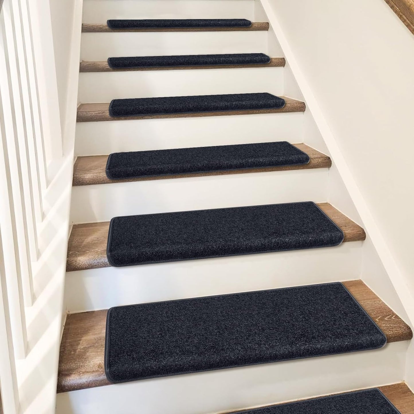 PURE ERA Bullnose Carpet Stair Treads Set Tape Free Non-Slip Indoor Stair Protectors Pet Friendly Rugs Covers Soft Skid Resistant Washable Reusable 9.5" x 30"(14 Pieces,Cream Gray)