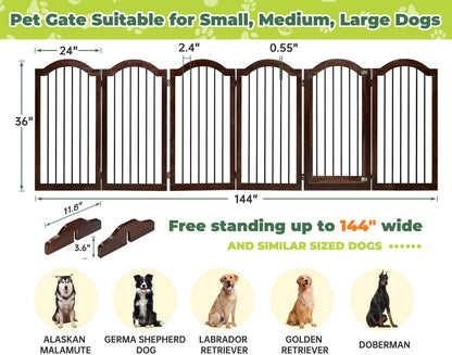 PrimeZone 144" Extra Wide Dog Gate - 36" Tall 6-Panel Solid Acacia Wooden Freestanding Puppy Gates with Door, Foldable Indoor Pet Fence for Doorways, Stairs, Support Feet Included, Brown
