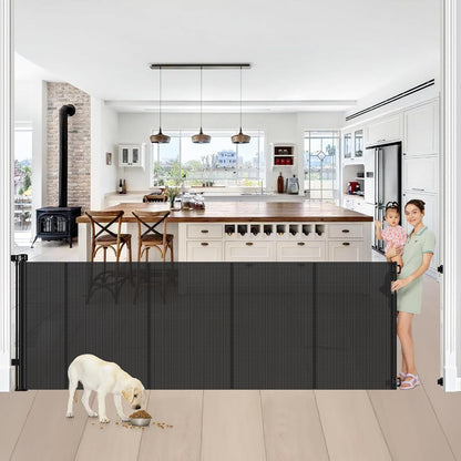 Reinforced 42” Extra Tall Retractable Baby Gates with Rods, Extends up to 60” Wide, Tall Retractable Dog Gate for Doorways Prevent Crawling Through Mesh Pet Gate Indoor Outdoor, Black