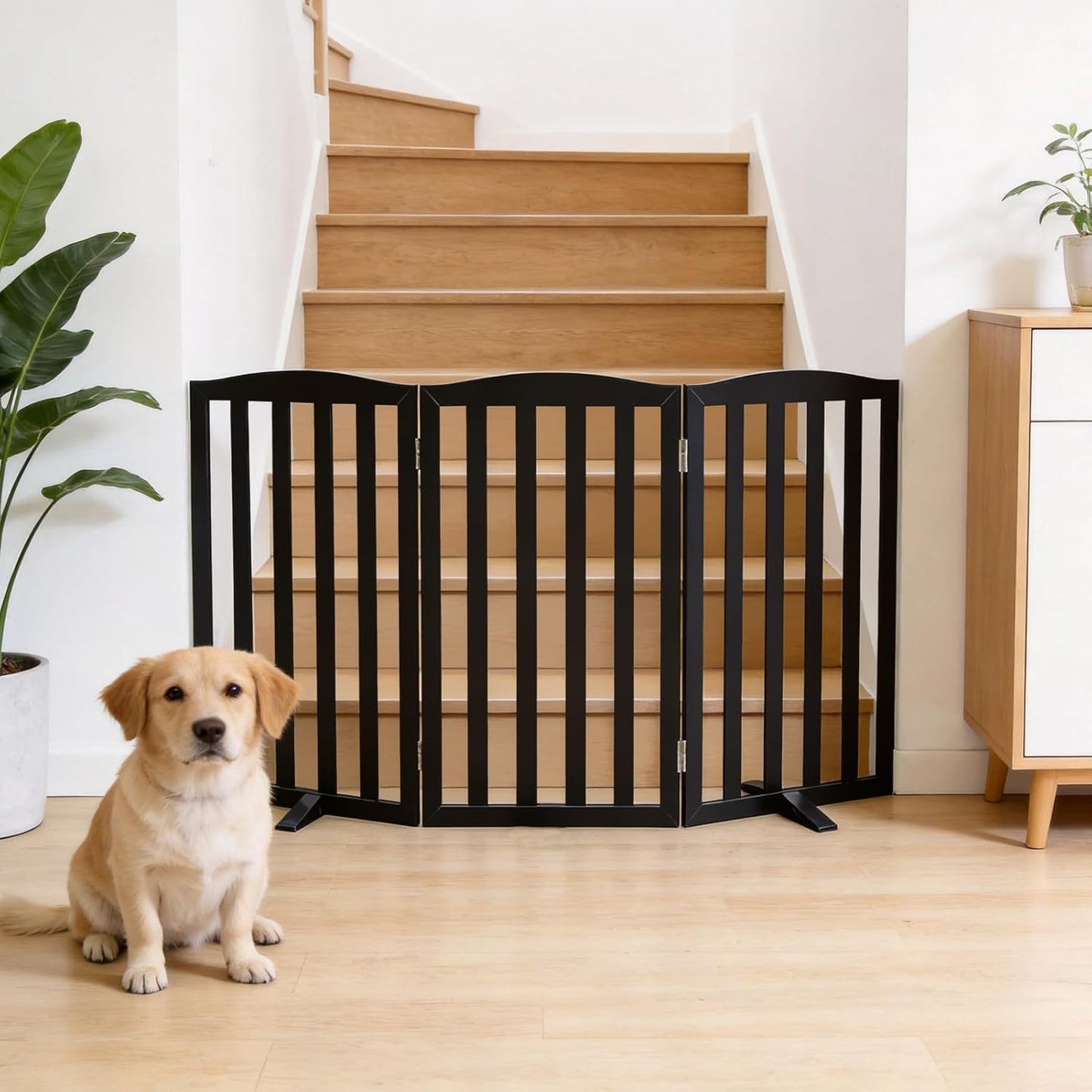 Freestanding Dog Gate Indoor,Doggie Gate Foldable Dog Gates for Doorways,Stairs or Hallways, Wooden White Pet Gate for the House, Pet Fence with Support Feet Included,24 "Height-4 Panels
