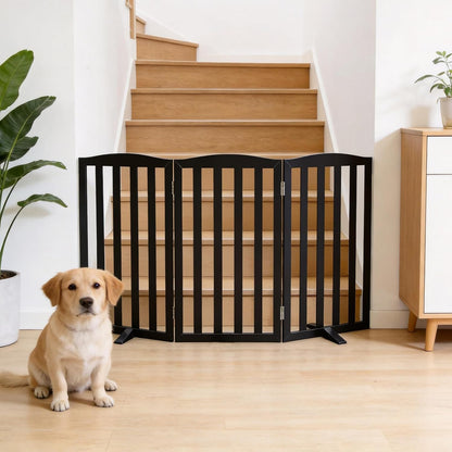 Freestanding Dog Gate Indoor,Doggie Gate Foldable Dog Gates for Doorways,Stairs or Hallways, Wooden White Pet Gate for the House, Pet Fence with Support Feet Included,24 "Height-4 Panels