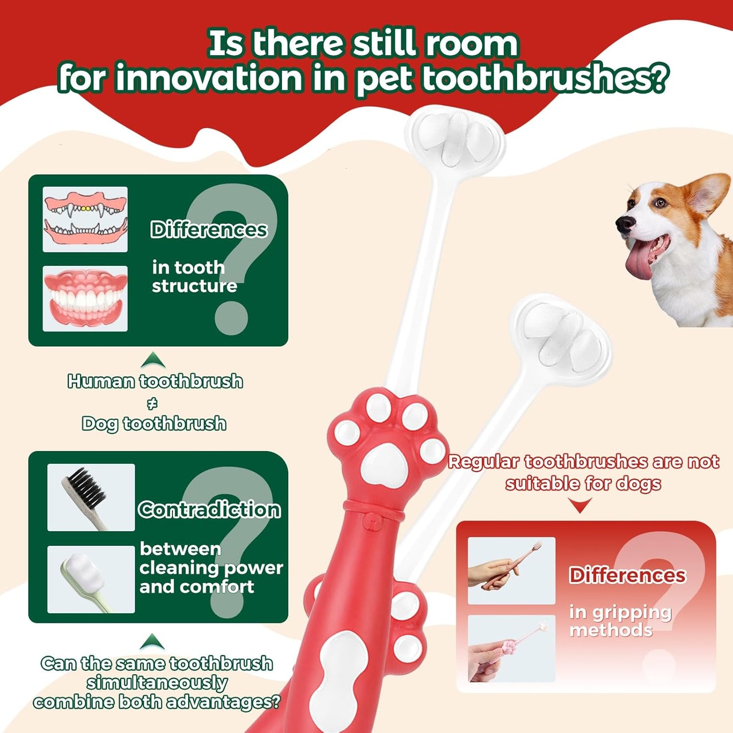 2-Pack 3-Sided Dog Toothbrush, Puppy Toothbrushes with Unique Bristle Technology, Oral Care for Pets, for Medium and Small Dogs