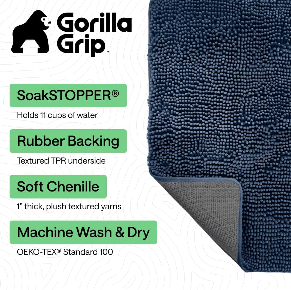GORILLA GRIP SoakSTOPPER Dog Door Mat, 30x20 Machine Washable Rug Absorbent Doormat Captures Moisture Mud Dirt, Quick Dry Soft Chenille Entryway Rugs Indoor Entrance Mats for Dog Paws, Paw Grey