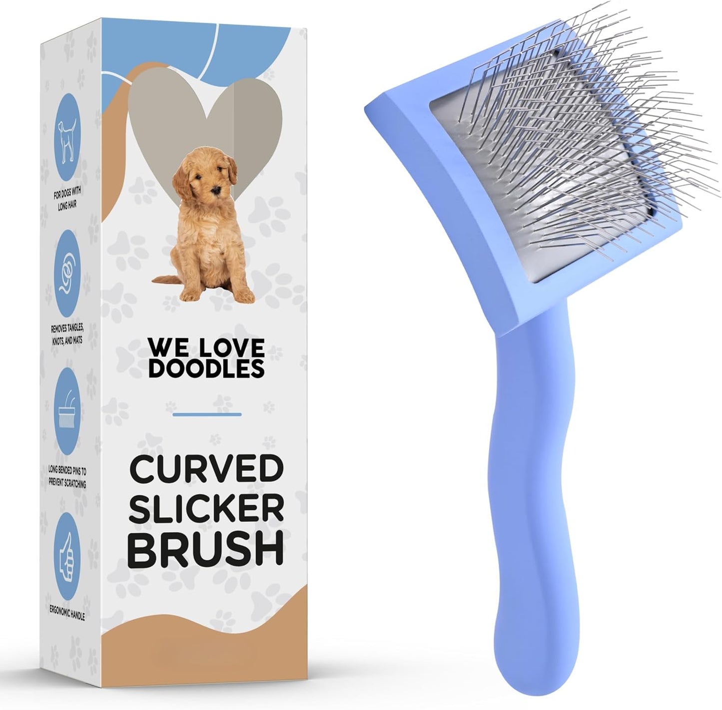 Slicker Brush for Dogs, Dog Grooming Supplies - Best Doodle & Poodle Brush for Haired Dogs - Goldendoodle Pin Detangler for Dematting (Medium Curved)