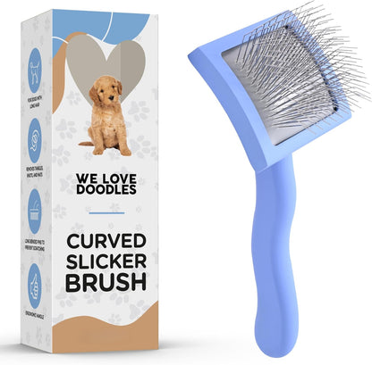 Slicker Brush for Dogs, Dog Grooming Supplies - Best Doodle & Poodle Brush for Haired Dogs - Goldendoodle Pin Detangler for Dematting (Medium Curved)