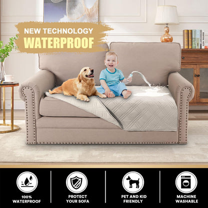 PrinceDeco 100% Waterproof Couch Cover for 3 Cushion Couch Sofa Pet Friendly Non-Slip Couch Cover for Dogs Washable Water Resistant Furniture Protector with Elastic Straps(Sofa 68", French Oak)